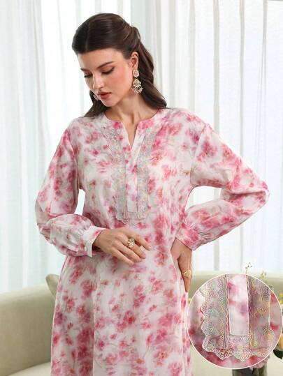 Al Najma Elegant Floral Print Cutout Neck Gradient Lace Loose Dress, Vacation Style