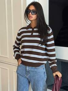 Ronhire 女式休闲宽松条纹 Polo 领落肩长袖毛衣，秋冬 - 棕色 - 查看 5