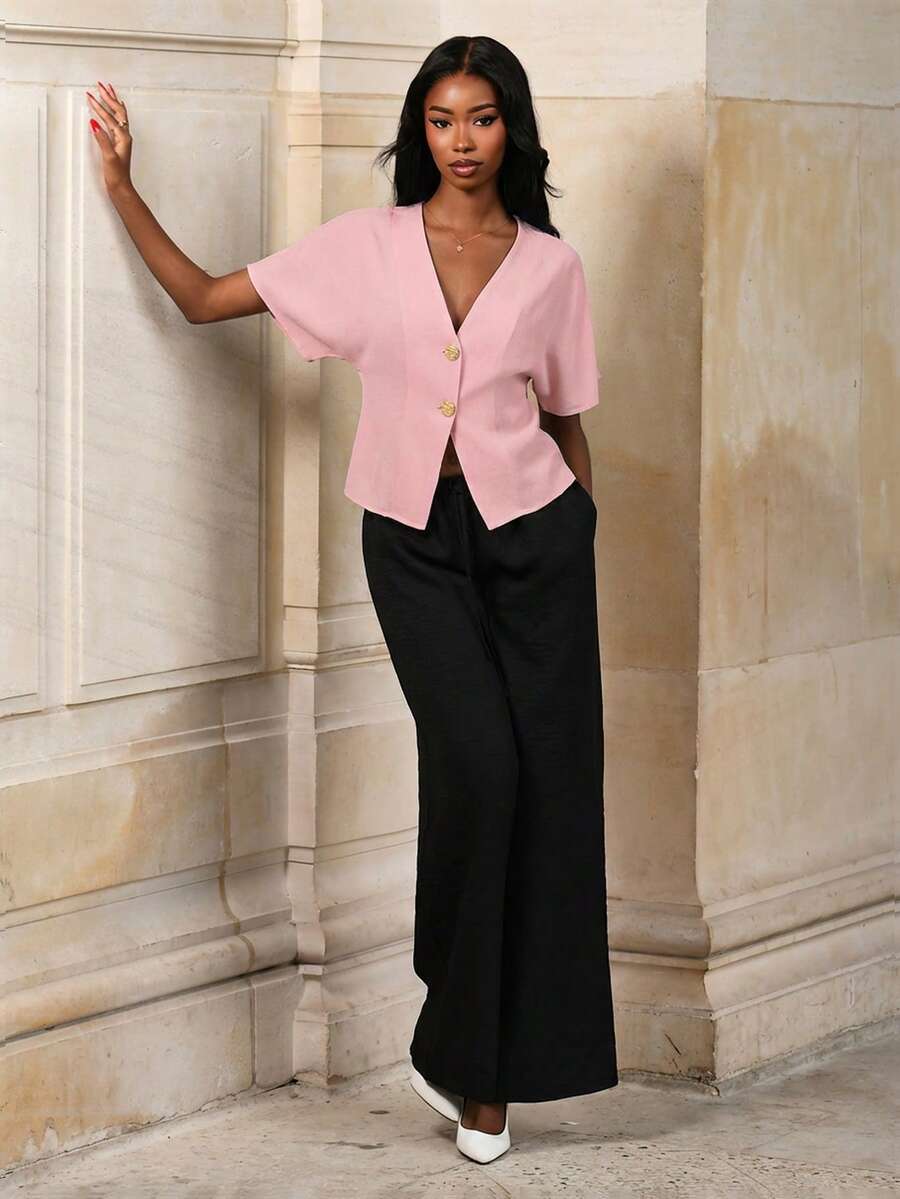 Mima John Kemeja Minimalis Warna Polos Kancing Ganda Lengan Kelelawar Elegan Warna Pink - Berwarna merah muda - View 1