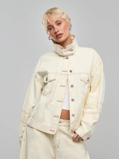 COUREZ Nigh Neck Oversized Denim Jacket , Y2K Winter For Women Street Streetwear Casual Going Out Stylish Birthday