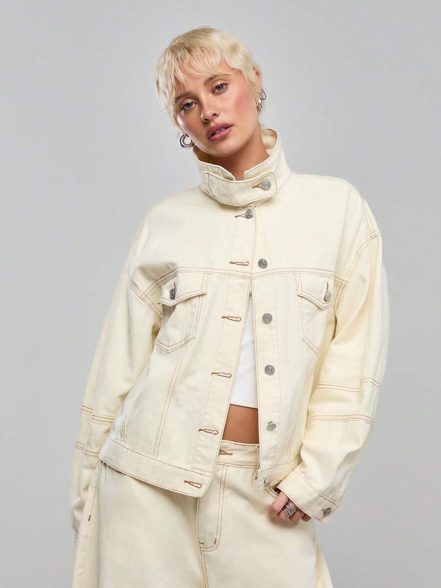 COUREZ 高领宽松牛仔外套，Y2K 冬季女式街头休闲外出时尚生日装 - 杏色 - 查看 1