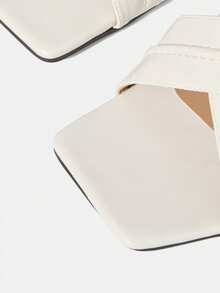 Mnmlis Beige Criss-Cross Strap Square Toe Chunky Heel Sandals, Minimalist Luxury Commuting High-End Feeling - Apricot - View 4