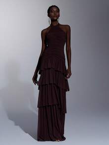 Elitara Elegant Formal Gala Prom Graduation Dinner Evening Pearl Chiffon Stand Collar Sleeveless Pleated Multilayer Ruffle Hem A-Line Dress Dark Red Fall - Coffee Brown - View 1
