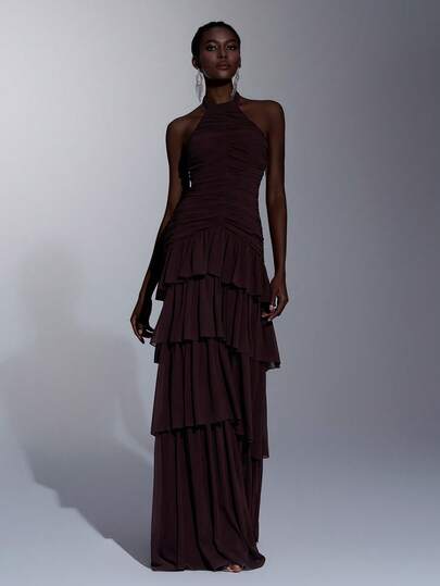Elitara Elegant Romantic Woven Pearl Chiffon Stand Collar Sleeveless Pleated Multilayer Ruffle Hem A-Line Dress, Suitable For Festivals, Weddings, Galas, Concerts, Business Events, Social Media Influencer Formal Gowns
