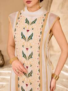 Al Najma 女士印花立领短袖优雅阿拉伯风格连衣裙 - 杏色 - 查看 4