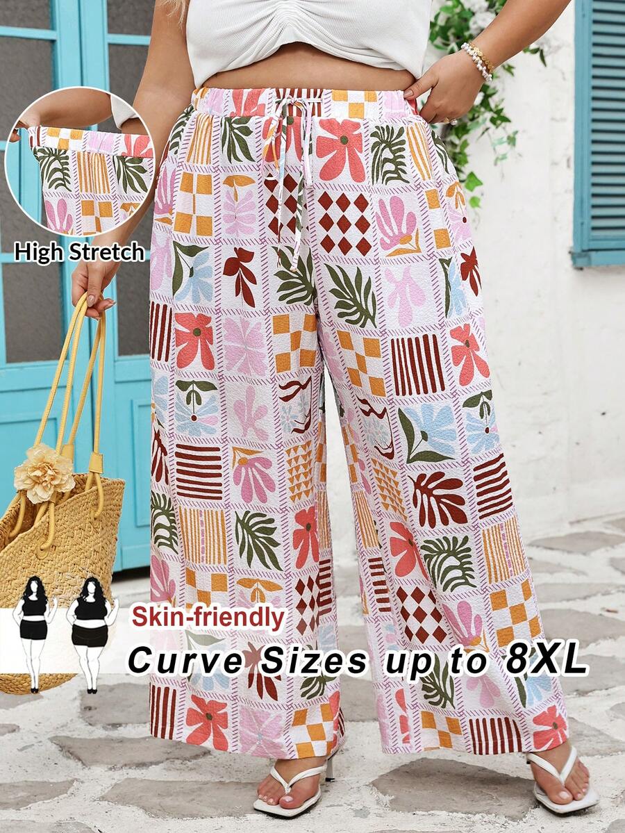 SHEIN CURVE+ 大码女式夏季印花抽绳阔腿裤，适合度假、夏季海滩假日