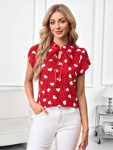 SHEIN Clasi Áo kiểu nữ thanh lịch in họa tiết trái tim và chấm bi, áo đỏ thường ngày cho ngày Valentine, áo tay ngắn màu đỏ. - Đỏ và trắng - Xem 6