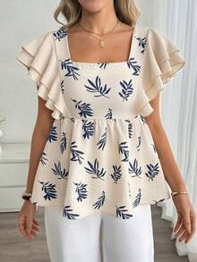 Louniche Women Summer Vacation Elegant Plant Printed Ruffle Sleeve Square Neck Casual Top - Apricot - View 5