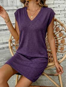 EMERY ROSE Women's Solid V-Neck Casual Daily Date Outing Short Dress - Purple - View 5