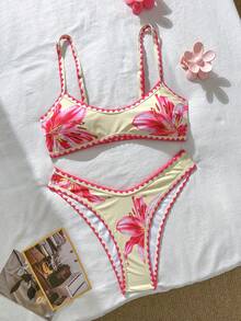 Swim Mod 女士沙滩套装 - 浅黄色底粉色花卉印花，撞色滚边性感超迷你比基尼，时尚休闲度假可爱性感女士泳装套装 - 彩色 - 查看 2