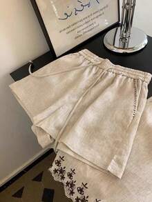 Muvela 2pcs Women Beige Summer Boho Holiday Vacation Holiday Floral Embroidery Round Neck Tank Top & Elastic Drawstring High-Waisted Shorts Two-Piece Set - Apricot - View 10