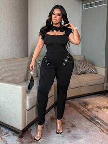 NU&NOW Sexy Hollow Out Design Peep Toe Splice Black Plus Size Jumpsuit - Black - View 4
