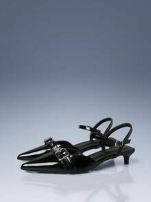 CUCCOO GRLICON Black Patent Leather Pointed Toe Stiletto Heel Commuter High Heels With Metal Buckle Strap - Black - View 1