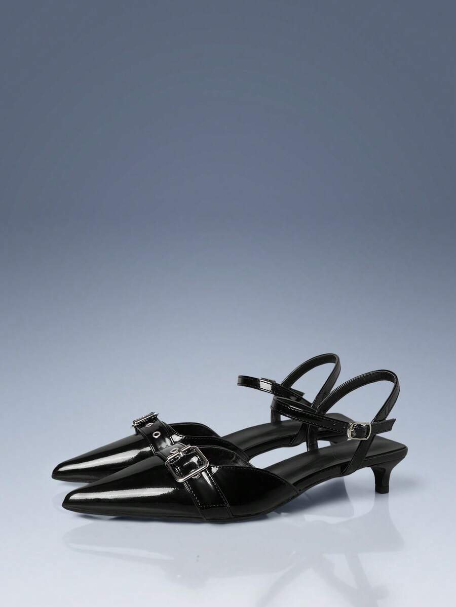 CUCCOO GRLICON Black Patent Leather Pointed Toe Stiletto Heel Commuter High Heels With Metal Buckle Strap - Black - View 1