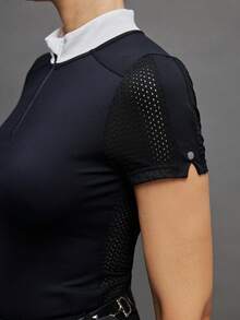 Activina Women's Contrast Zipper Partial Placket Short Sleeve Equestrian Top - Black - View 7