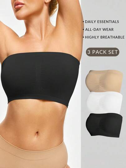 SHEIN 2026 Hot Selling Women's Fashionable & Comfortable Minimalist Solid Color High Quality 3 PiecesBandeau Bra Set