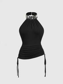 ROMWE J-Fashion Top sin espalda de mujer con remaches y parches en estilo oscuro y punk - Negro - Ver 2