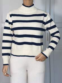 Ronhire 女士秋冬条纹立领落肩长袖休闲毛衣 - 藏蓝色 - 查看 4