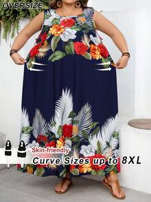 SHEIN CURVE+ Curve 尺码 US22 音乐节、海滨度假、波西米亚风女式印花无袖上衣和长款连衣裙套装，休闲乡村度假装，适合春夏、音乐节、度假 - 藍色 - 查看 1