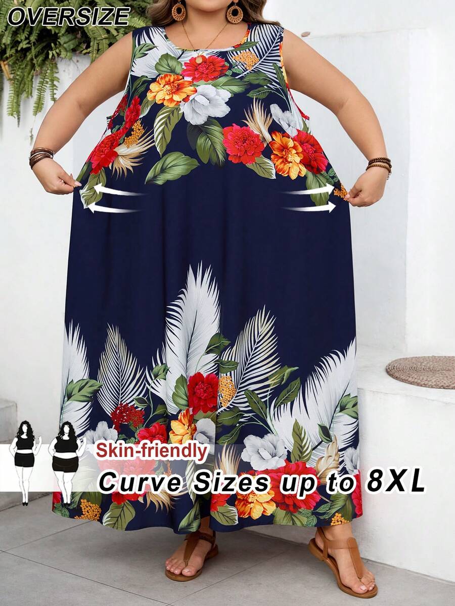 SHEIN CURVE+ Curve 尺码 US22 音乐节、海滨度假、波西米亚风女式印花无袖上衣和长款连衣裙套装,休闲乡村度假装,适合春夏、音乐节、度假 - 藍色 - 查看 1