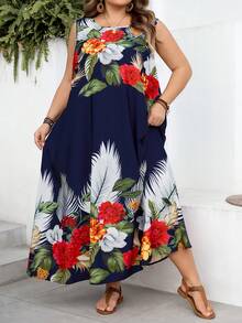 SHEIN CURVE+ Curve 尺码 US22 音乐节、海滨度假、波西米亚风女式印花无袖上衣和长款连衣裙套装，休闲乡村度假装，适合春夏、音乐节、度假 - 藍色 - 查看 3