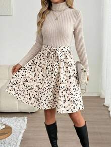 SHEIN LUNE Women's Casual Leopard Print Patchwork Long Sleeve Dress - Multicolor - View 1