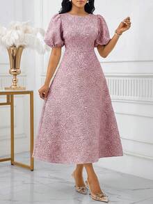 SHEIN Lady Women's Jacquard Round Neck Short Petal Sleeve Midi Dress Brocade Jacquard Dress Belle Elegant Dress French Style Dress Elegant Midi Dress Puffy Sleeve Dress - Dusty Pink - View 4
