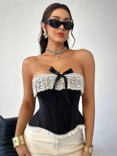 Top corto bustier sexy y versátil con decoración de lazo y encaje para mujer