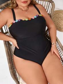 SHEIN CURVE+ 加大码女士黑色花卉饰边可拆卸肩带连体泳衣，适合海滩穿着 - 黑色 - 查看 7
