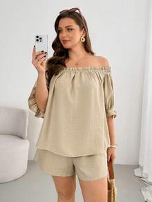 Shapeblank Plus-Size Women's Spring/Summer Fashion Casual Loose Comfortable Everyday Basic Versatile Slimming Off-Shoulder Short-Sleeved Top And Shorts Apricot Two Pieces Set,Summer Clothes,Vacation Outfits, Beach Outfits  Plus Size Off Shoulder Top 2 Piece Sets Woman Plus Summer Off The Shoulder Shirts Summer Tops Plus Size Vacation Tops Plus Size - Apricot - View 3