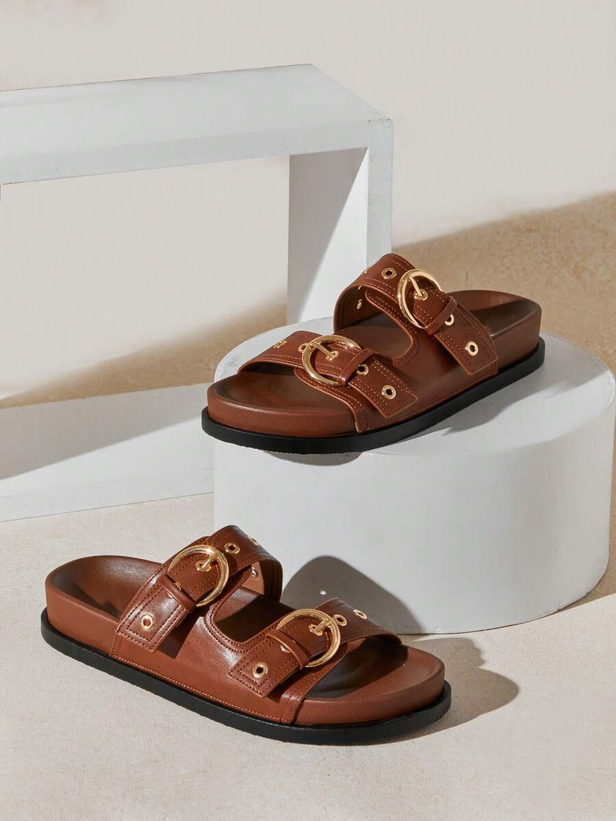 SHUZIA 女士复刻版高级舒适搭扣双带平底凉鞋 - 紫紅色 - 查看 1