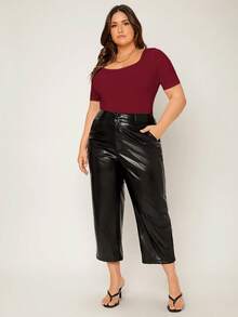 EMERY ROSE 大码女式纯色方领短袖休闲连体衣 - 酒紅色 - 查看 9