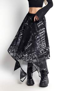 Bloopia 女士休闲复古字母印花A字裙，春夏款 - 黑色 - 查看 3