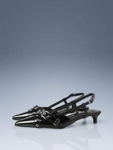 CUCCOO GRLICON 黑色漆皮尖头无后跟金属扣细高跟通勤鞋 - 黑色 - 查看 1