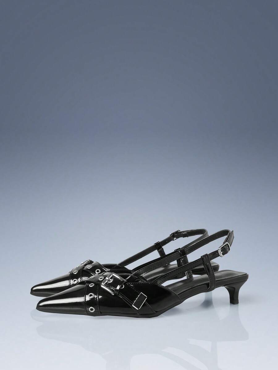 CUCCOO GRLICON 黑色漆皮尖头无后跟金属扣细高跟通勤鞋 - 黑色 - 查看 1