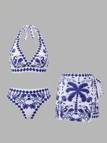 Swim Oasis 三件套女士泳装套装，春夏新款，欧美风，蓝白热带植物、椰子树、鹦鹉印花设计，挂脖系带上衣，常规泳裤，侧边系带罩裙，适合沙滩、泳池、度假穿着。三件套泳装，女士沙滩套装，泳装绿洲三件套。 - 藍白色 - 查看 2
