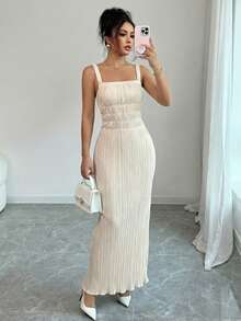 Elenzga Elegant Commuter Pleated Waist Strap Dress, Spring/Summer - Apricot - View 4