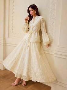 ZEYLAH Elegant Commuter Floral Embroidery Lantern Sleeve Shirt And Skirt 2 Pieces Set - White - View 2