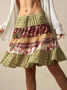 Bohemela 女士夏季休闲度假浪漫优雅法式海滩波西米亚乡村音乐节图案拼接细节流苏低腰A字中长塔裙，自由休闲的穿搭风格，适合海滩装、夏季度假装、婚礼宾客装、毕业季装。 - 彩色 - 查看 4