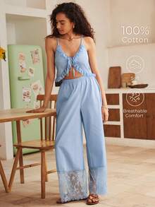 Conjunto de pijama de mujer con camiseta de tirantes de encaje 100% algodón de estilo bohemio - Celeste - Ver 1