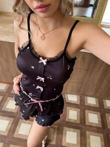 ZzzCrew Cute Cherry Heart Print Women's Pajama Set, With Lace Trim Camisole And Ruffle Hem Shorts - Black - View 6