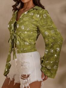 SHEIN Glamour Women's V-Neck Tie Front Casual Versatile Daily Wear Shirt - Green - View 5