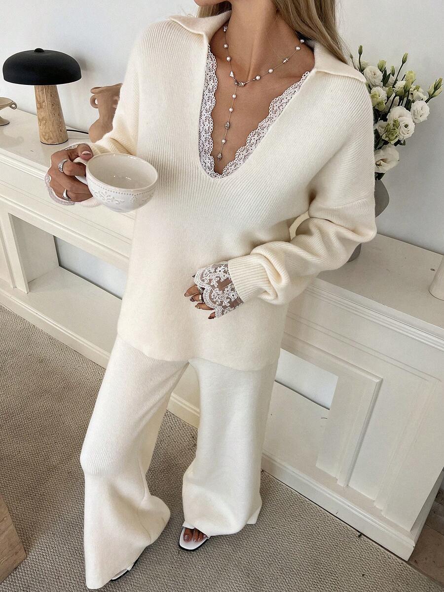 DAZY Women's Elegant Lace Patchwork Sweater & Wide Leg Pants 2 Pieces Set, Autumn/Winter - Beige - View 1