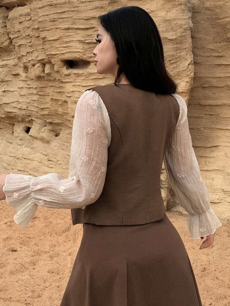 Women's Casual Colorblock Embroidered V-Neck Blouse, Spring/Summer