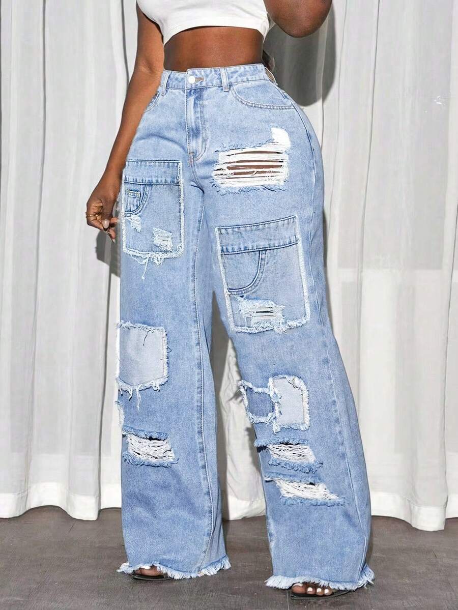 SHEIN PETITE Women's High Waist Pockets Distressed Frayed Hem Loose Wide Leg Jeans - Light Wash - View 1