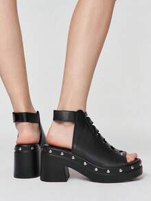 ROMWE Grunge Punk Women's Retro Buckle Strap High Heel Sandals, Fashionable Casual Chunky Heel Mules - Black - View 5