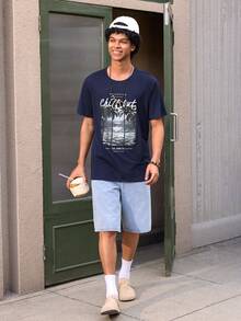 Open Phase Men's Summer Slogan & Palm Tree Print Round Neck Short Sleeve Casual T-Shirt - Navy Blue - View 7