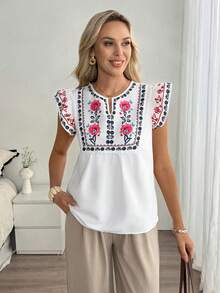 Louniche Women's Casual Vacation Style Printed V-Neck Cap Sleeve Shirt - White - View 5