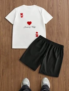 Manfinity Unisex 男士心形字母刺绣T恤和短裤套装 - 白色 - 查看 2