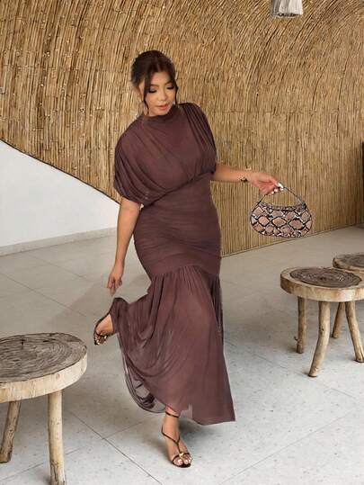 Firerie Plus Size Women's Elegant, Exquisite, Romantic & Charming Fashion Valentine's Day, Wedding Guest, Holiday Dress With Sheer Overlay, Brown